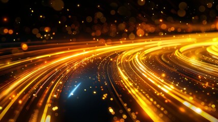 Poster - Swirling golden light trails creating a vibrant abstract pattern against a dark background