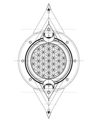 Wall Mural - Eye with sacred geometry symbol tattoo design. Seed of Life. Ancient geometric spiritual symbol. Overlapping circles floral pattern, Flower of Life. Black and white vector illustration.