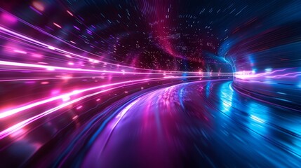Poster - Vibrant light trails swirl in a futuristic tunnel at night