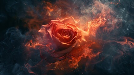 Poster - A fiery rose surrounded by dramatic smoke and vibrant colors at dusk