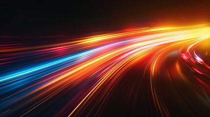 Poster - Vibrant light trails swirl through a dark urban landscape at night