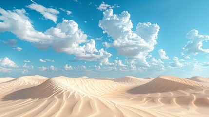 Wall Mural - Expansive desert landscape with soft dunes under a vibrant blue sky and fluffy clouds