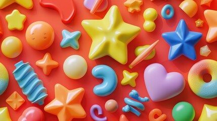 Poster - Colorful toys scattered on a vibrant red surface, ideal for kids' play or design projects