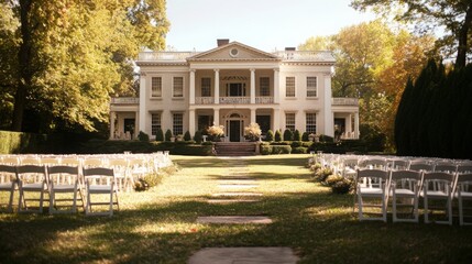 Wall Mural - A beautiful outdoor wedding ceremony is set up in front of a historic mansion with white chairs arranged on a manicured lawn, framed by vibrant autumn foliage.