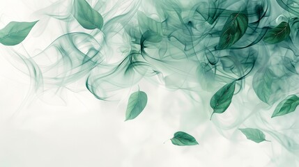 Poster - Green leaves swirling in gentle smoke on a light background