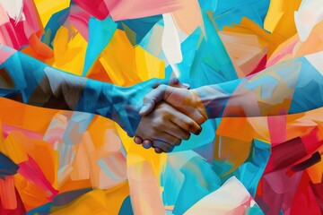 Poster - Two professionals shaking hands on a colorful background, perfect for business or corporate use