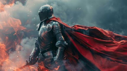 Knight in armor stands amidst swirling smoke and flames, gripping a sword with a red cape billowing