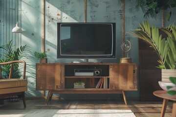 Aufkleber - A TV sitting on a wooden media console, great for living room or home office