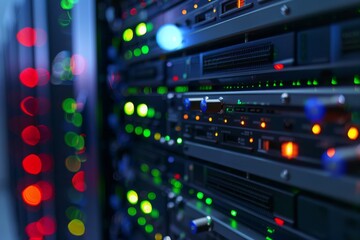 Poster - An illuminated server rack displays various data connections set in a dynamic and evolving digital environment