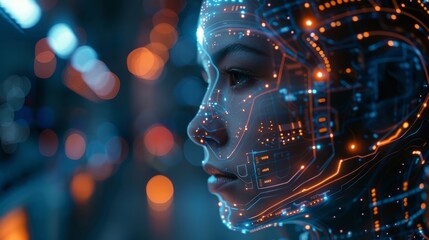 Poster - Futuristic portrait of a woman with glowing circuit patterns in a tech-inspired setting