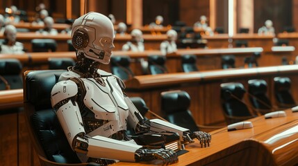 Poster - Robot seated in a parliamentary chamber during an assembly session