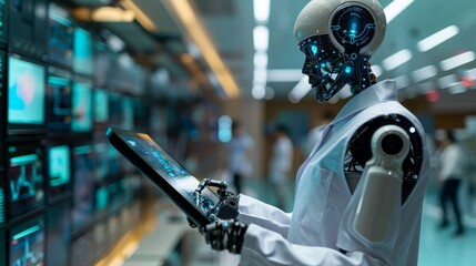 Poster - Futuristic robot interacting with a digital interface in a modern tech facility