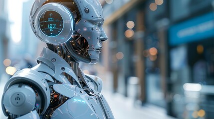 Poster - Futuristic humanoid robot in a busy urban street during daylight