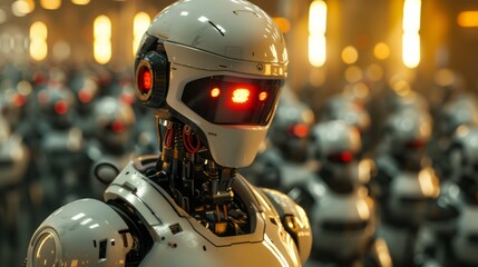 Poster - Robotic assembly line featuring advanced humanoid robots in a futuristic setting