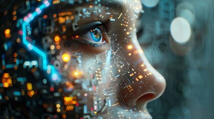 Poster - Close-up of a person’s eye with digital circuit patterns overlay in a futuristic setting