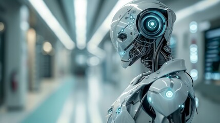 Poster - A futuristic robot stands in a sleek, modern hallway with glowing accents