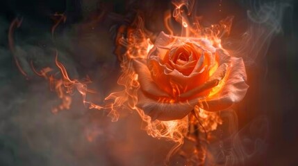Poster - Flaming rose glowing with vibrant colors amidst swirling smoke effects