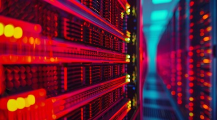 Poster - This is a detailed closeup view showcasing illuminated server racks situated in a stateoftheart data center