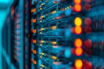 Poster - A vibrant and modern data center showcasing beautifully illuminated server racks along with advanced technology