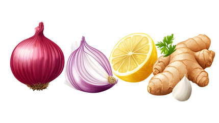 Realistic spices set. Ginger, lemon, red onion, garlic isolated vector illustration
