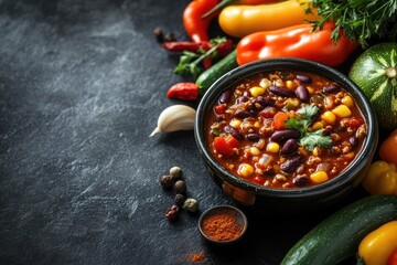 Wall Mural - A bowl of chili with a variety of vegetables and spices on a black background. The bowl is filled with beans, corn, and peppers