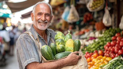 Wall Mural - A man is smiling while holding a bag of vegetables. The vegetables include squash, corn, and tomatoes