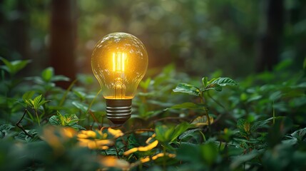 Glowing lightbulb in lush green forest symbolizing eco-friendly energy, sustainability, and conservation among natural surroundings.