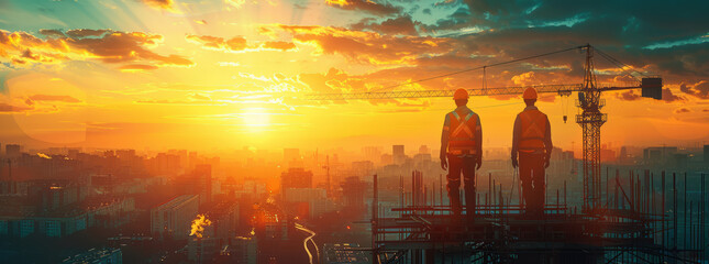 two engineer on working site , engineer and tower cranes at construction site and city background