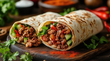 Wall Mural - Two burritos with meat and vegetables on a wooden table. The burritos are open and ready to be eaten