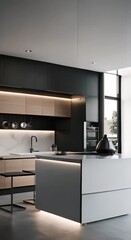 Wall Mural - A sleek minimalist kitchen with a stunning black interior exudes modern elegance vertical 4k animation