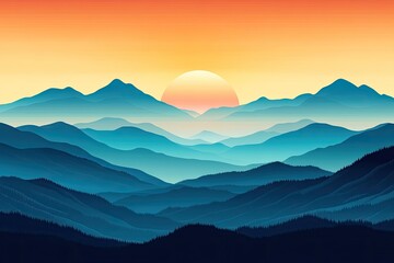 Wall Mural - A mountain range with a sun in the sky. The mountains are blue and the sky is orange
