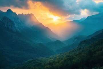 Wall Mural - a mountain range with a beautiful sunset in the background. the mountains are covered in trees and t