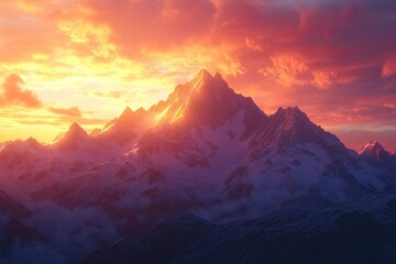 Wall Mural - A mountain range with a sunset in the background. The mountains are covered in snow and the sky is orange