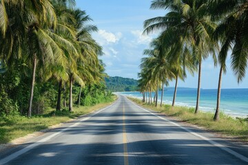 Wall Mural - A long road with palm trees on both sides and a beach in the background