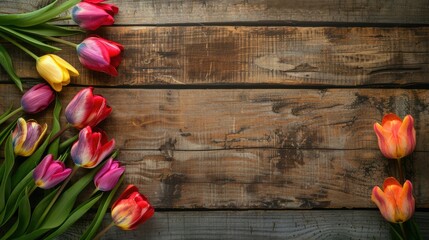 Canvas Print - Top view of tulips on wooden backdrop for Mother's Day message.