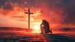 © Keat - A man kneels and prays in front of a cross.