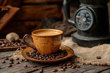 Wall Mural - A cup of aromatic black coffee, a coffee maker, coffee beans of different varieties on the table. Morning espresso or Americano coffee for breakfast in a beautiful brown cup - generative ai