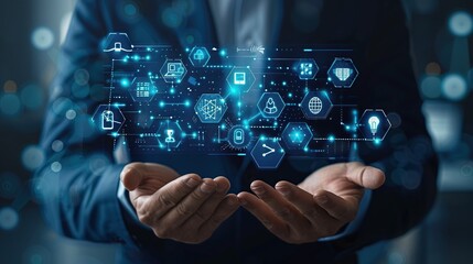 Poster - Businessman Holding Digital Network with Various Icons