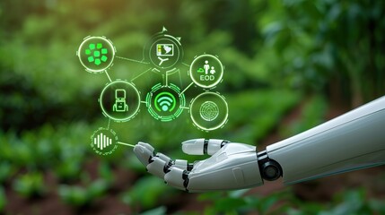 Poster - Robotic Hand Holding Holographic Network of Green Icons