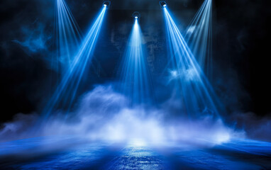 A stage with blue lights and smoke