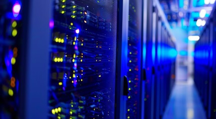 Poster - A contemporary server room brimming with highperformance servers that emit a cool blue light, illuminating the space