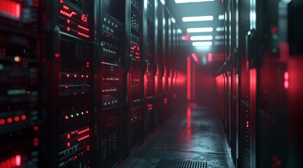 Poster - Discover a cuttingedge, futuristic data center, bathed in striking red lighting and featuring a sleek design