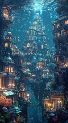 Underwater Cityscape with Illuminated Buildings and Bubbles