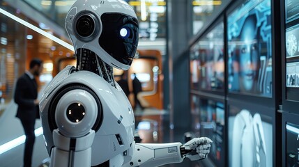 Aufkleber - A Futuristic White Robot Interacting with Digital Screens