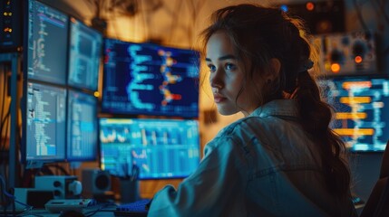 Poster - Woman Working on Computer with Multiple Monitors