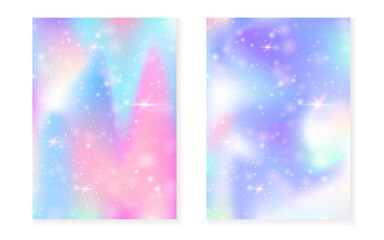 Wall Mural - Magic background with princess rainbow gradient. Kawaii unicorn hologram. Holographic fairy set. Colorful fantasy cover. Magic background with sparkles and stars for cute girl party invitation.