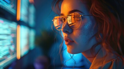 Poster - Woman with Red Hair and Sunglasses in Neon Light