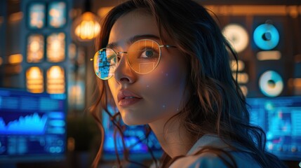 Poster - Woman with Glasses Looking at Computer Screen in a Digital World