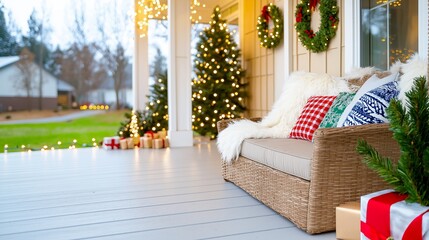 Cozy Christmas porch decor with gifts, a Christmas tree, lights, and cozy cushions on a comfy sofa.