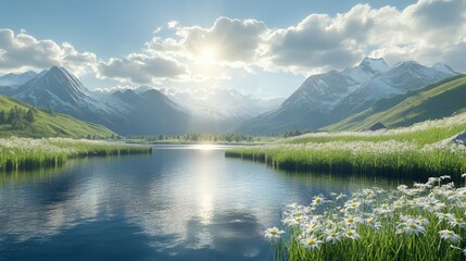 Wall Mural - A beautiful mountain landscape with a lake and a field of flowers. The sun is shining on the water, creating a serene and peaceful atmosphere